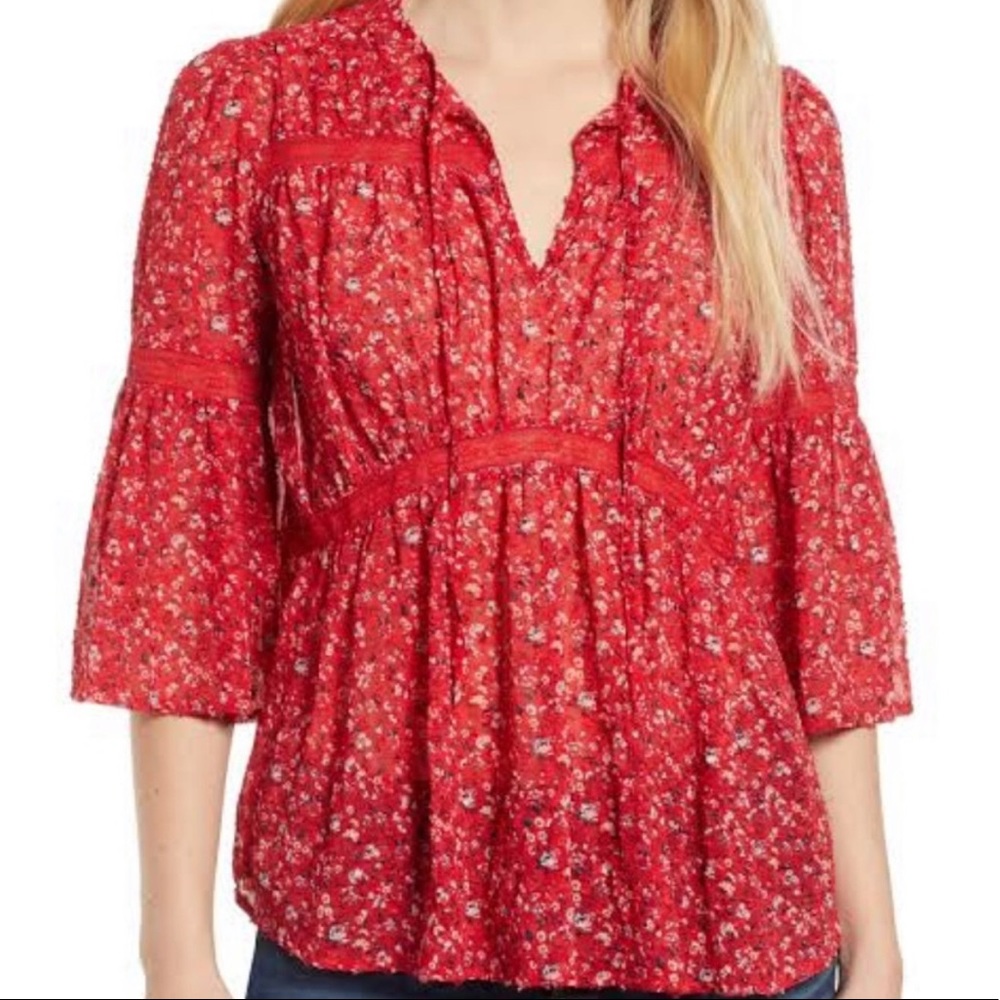 LUCKY BRAND Red Floral Chiffon BOHO Top - Picture 5 of 12